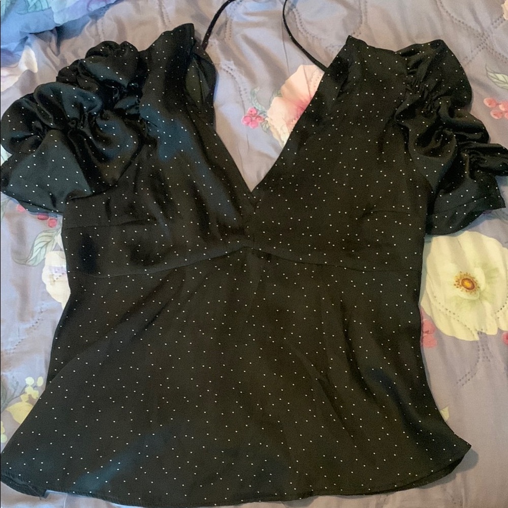 Topshop Black Ruched Cap Sleeve Blouse in size 8